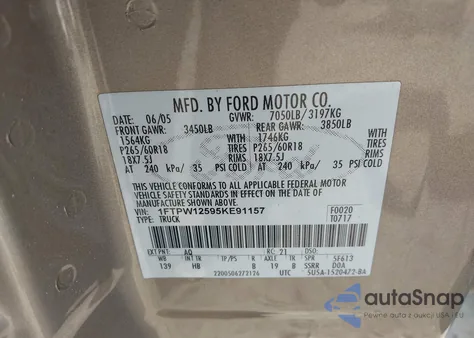 2005 Ford F-150 Lariat/Xlt from USA, damaged, VIN 1FTPW12595KE91157